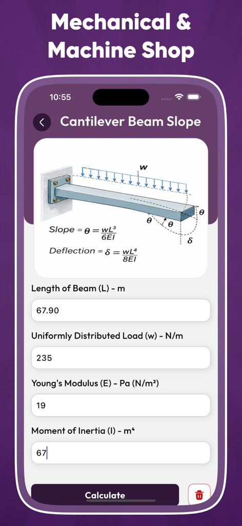 Engineer Pro Toolkit - Interfaz de la aplicación Engineer Pro Toolkit mostrando una calculadora de pendiente y deflexión de vigas en voladizo con campos de entrada y diagrama de fórmula.