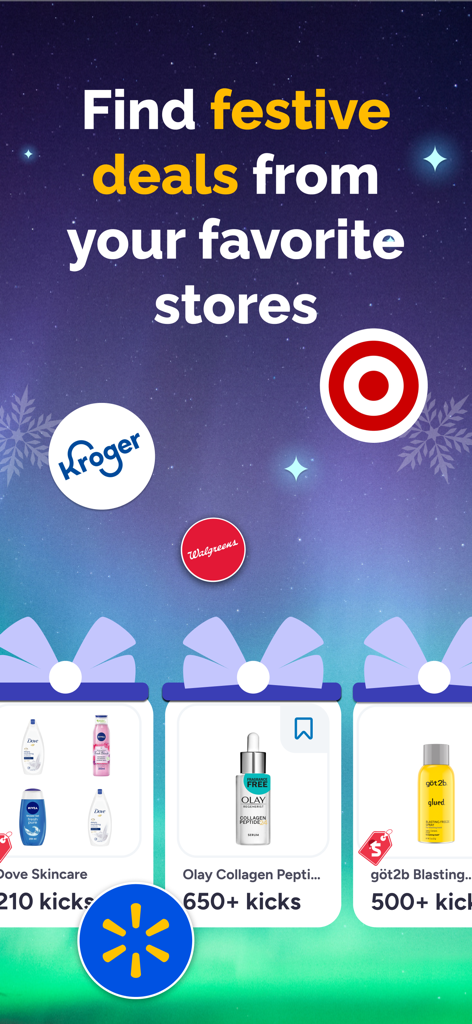 Shopkick: Rewards Sidekick - Shopkick app screen showing festive deals and kick rewards for brands like Dove and Olay at retailers like Target and Walmart.