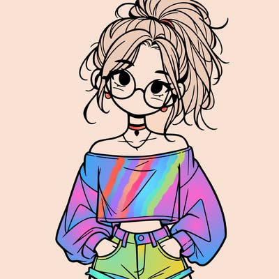 girl with a messy ponytail glasses a baggy crop top and jean shorts