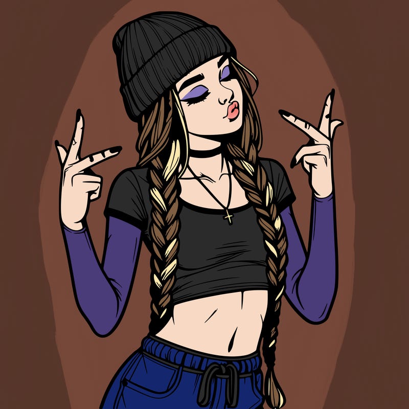 realistic teenage girl with braids and a beanie and crop top doing 🫶🏼