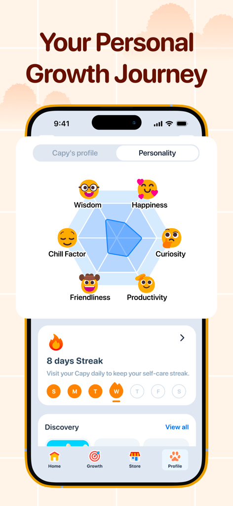 Capy: Self-Care Pet & Planner - Tela móvel mostrando um gráfico de radar de traços de personalidade e a sequência de autocuidado para um pet virtual