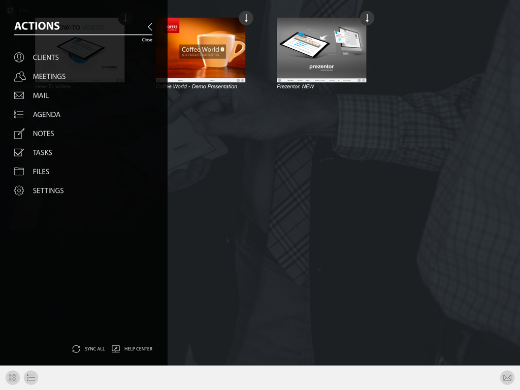 Prezentor iPad app dashboard showing a sidebar navigation menu and interactive presentation thumbnails for B2B sales professionals