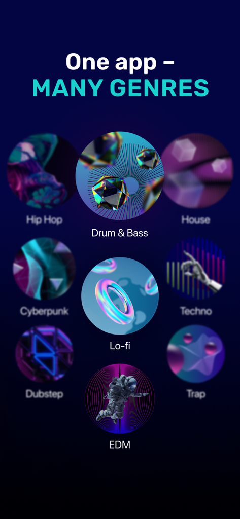 Drum Pad ONE: Dj music maker - Interface of Drum Pad ONE showing various music genres like Hip Hop EDM and Lo-fi