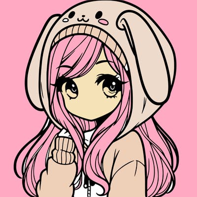 cute teen girl with long hair wearing a cute bunny hoodie