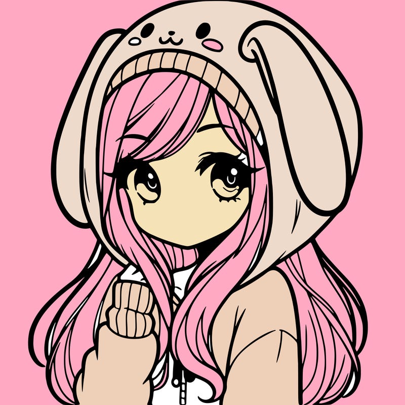 cute teen girl with long hair wearing a cute bunny hoodie