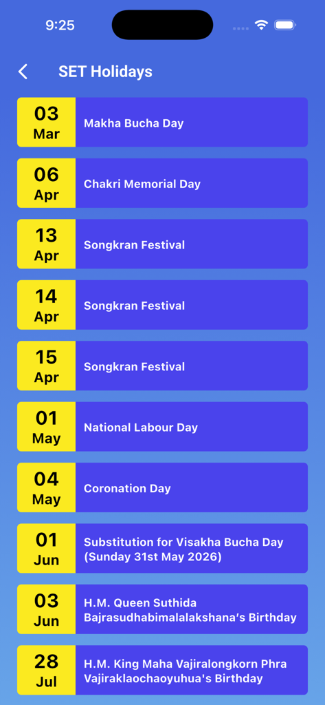 2D3D 태국 앱에 표시된 태국 증권거래소 SET 휴일 목록으로, 송크란 축제 및 즉위 기념일 포함.