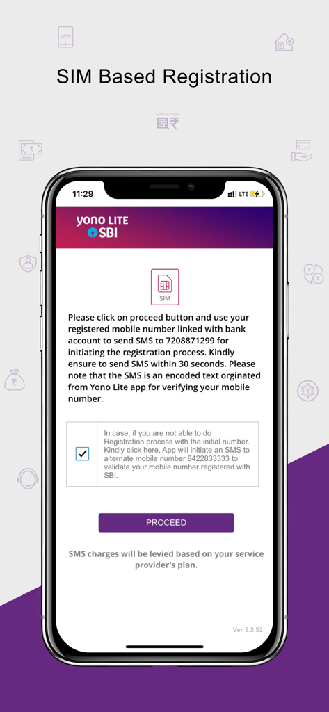 Yono Lite SBI app SIM based registration screen showing mobile number verification instructions.
