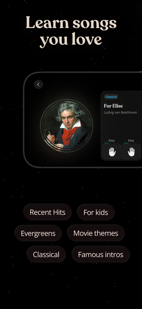 Artie app screen showing piano song categories including classical music and movie themes