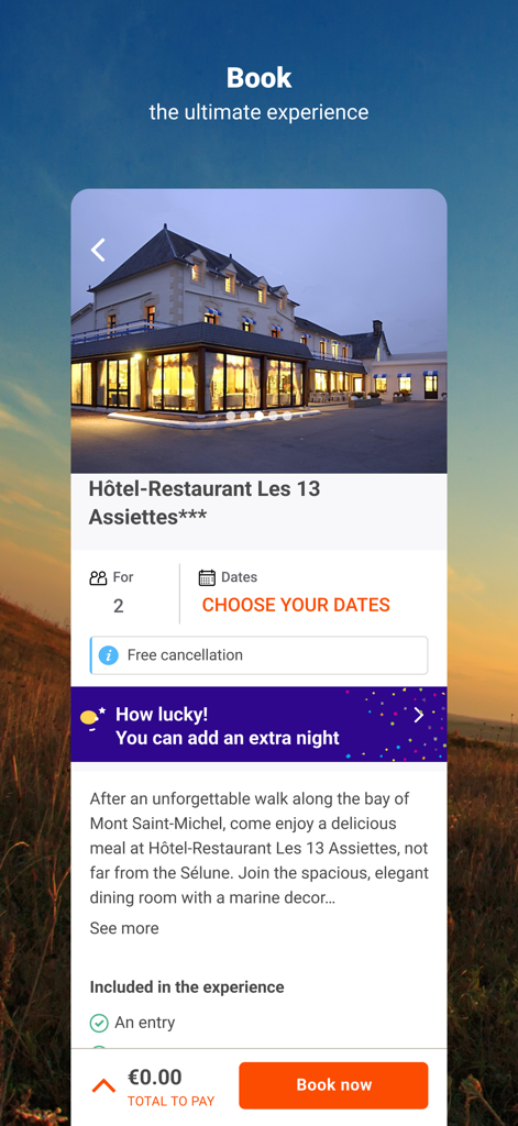 Smartbox app screen showing the booking details for a hotel and restaurant experience including photos and description