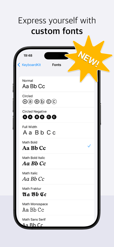 KeyboardKit - Interfaz de la aplicación KeyboardKit mostrando varias opciones de fuentes personalizadas, incluyendo estilos en círculo y negrita matemática para teclados de iOS