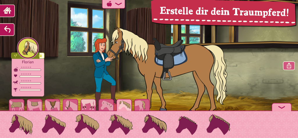 Bibi and Tina app screen showing a brown horse being customized in a stable with different mane and saddle options
