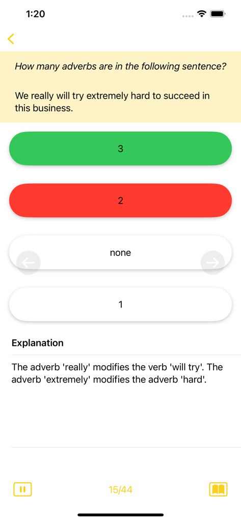 Screenshot of a grammar quiz screen showing a question about adverbs with multiple choice answers and a detailed explanation
