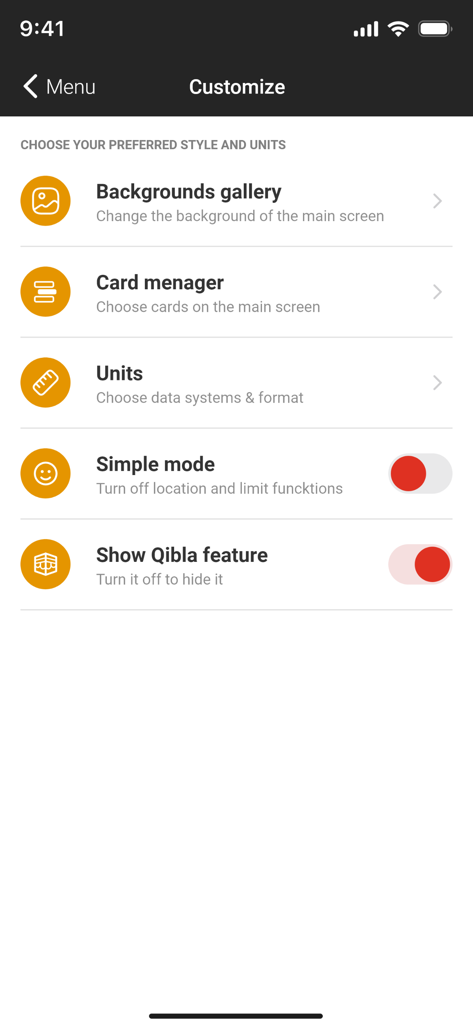 The customization settings menu of the Compass and GPS app featuring style units and Qibla feature options