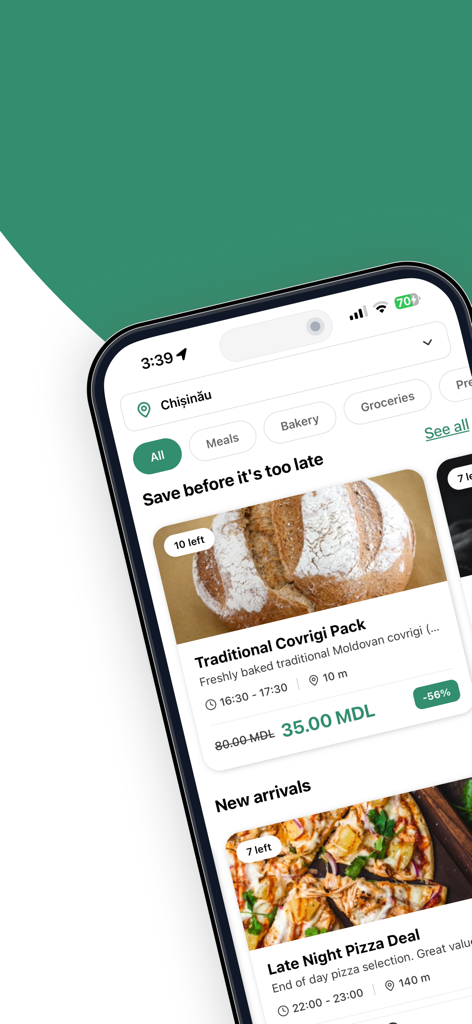 Time to Dine - Smartphone screen displaying discounted food offers on the Time to Dine app to reduce food waste and save money