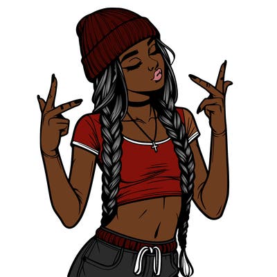 realistic teenage girl with braids and a beanie and crop top doing 🫶🏼