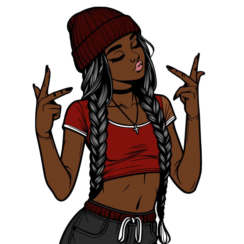 realistic teenage girl with braids and a beanie and crop top doing 🫶🏼