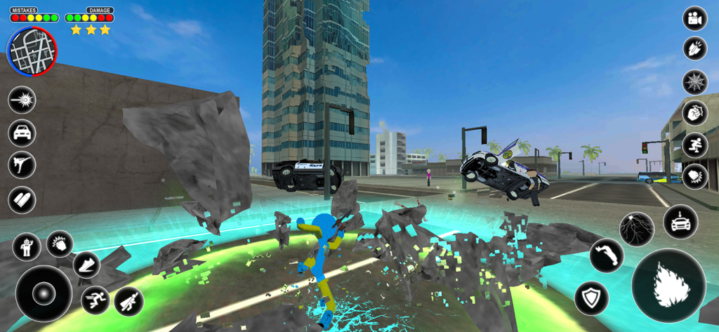 Stickman Rope Hero Spider Game - Superhéroe stickman azul usa un ataque de impacto terrestre para volcar coches en una calle de ciudad de mundo abierto