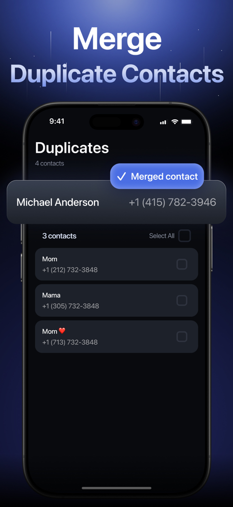 AI Phone Cleaner－Clean Storage - AI Phone Cleaner app screen showing the feature to merge and organize duplicate contacts on an iPhone