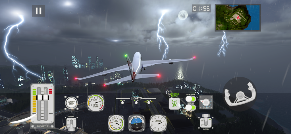 Avión comercial volando a través de una tormenta eléctrica por la noche con rayos.