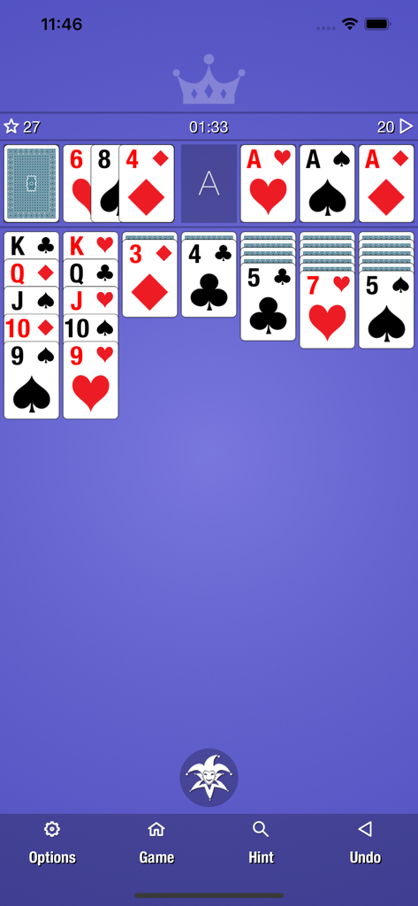 Simple Classic Solitaire - A game of classic klondike solitaire in progress on a purple background