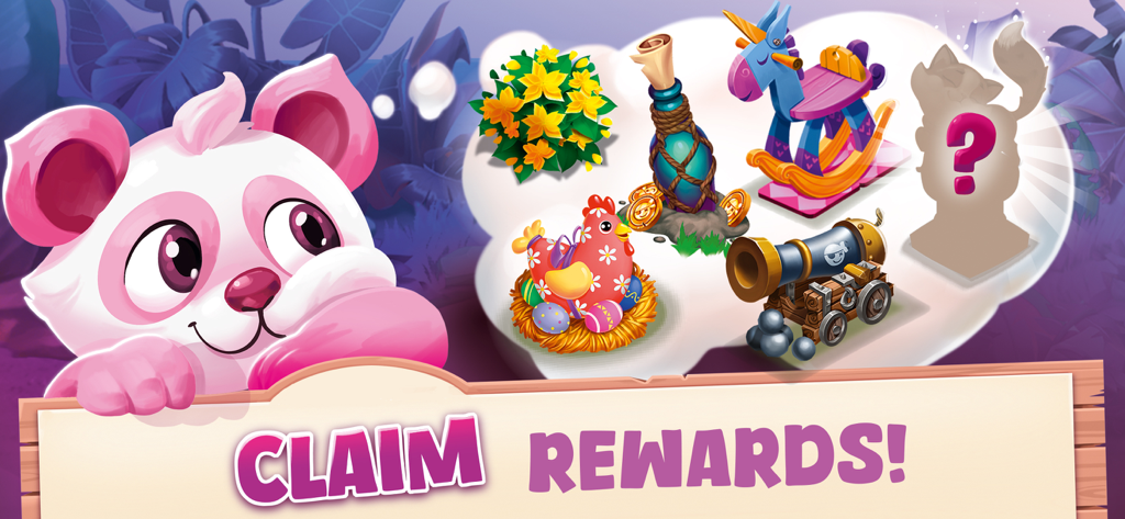 A pink animal character next to a thought bubble filled with decorative rewards like a rocking unicorn and flowering plants with the text Claim Rewards