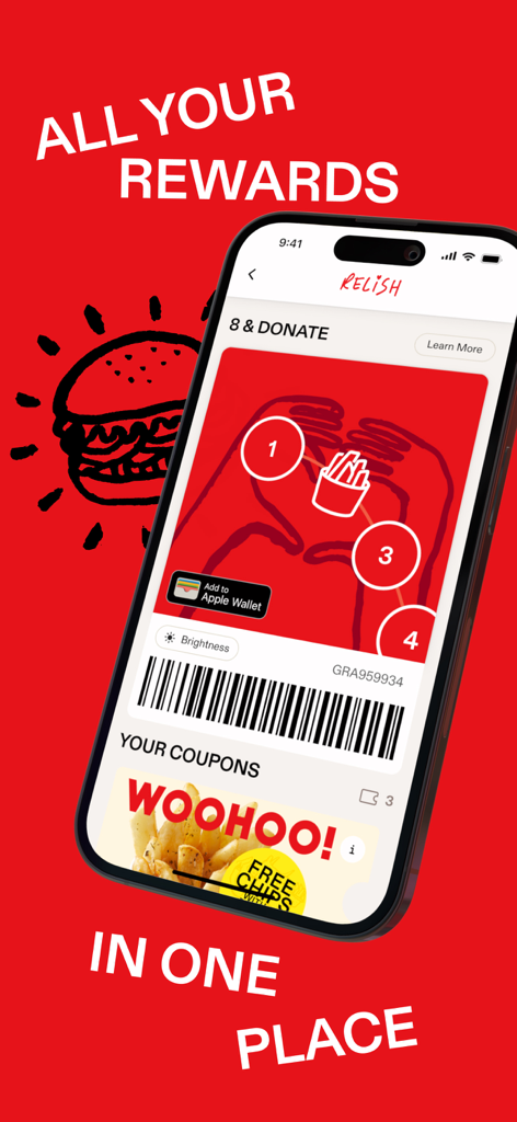 Grilld app Relish loyalty program dashboard showing rewards progress coupons and barcode