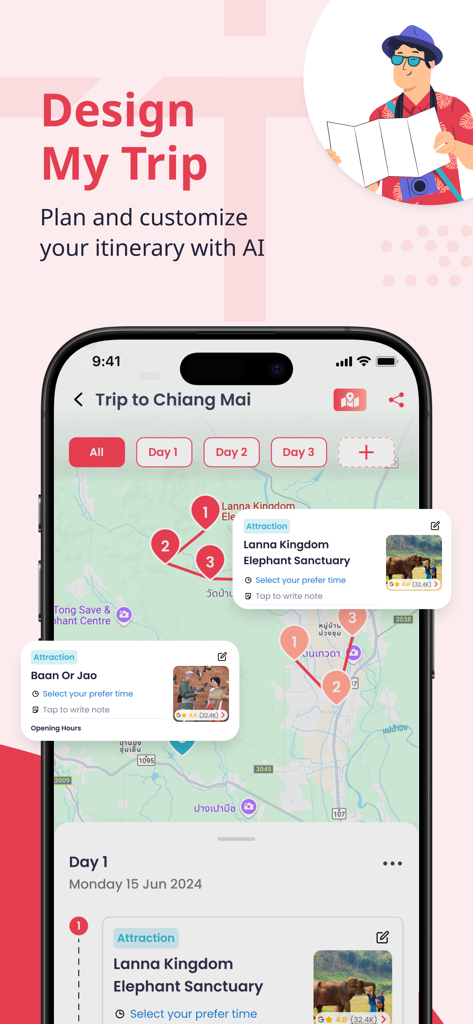 TAGTHAi app screen displaying an AI powered travel itinerary for Chiang Mai with a map and destination pins