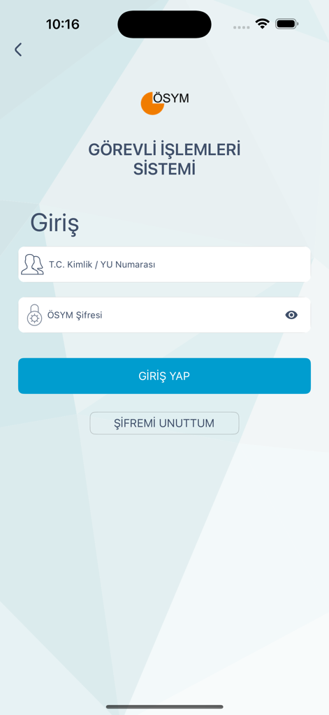 ÖSYM Görevli İşlemleri Sistemi - Login screen for the OSYM Officer Transactions System mobile application