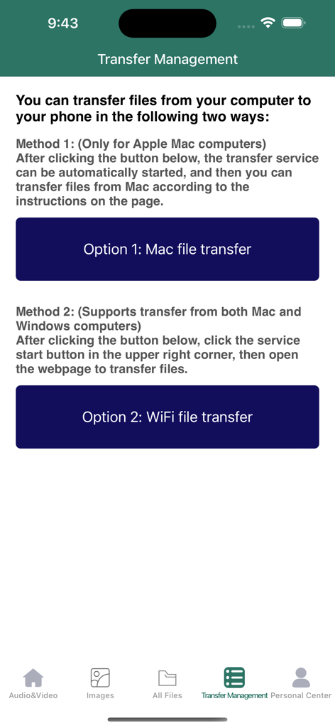 FileMaster Pro app screen displaying options for Mac and WiFi file transfers from computer to phone.