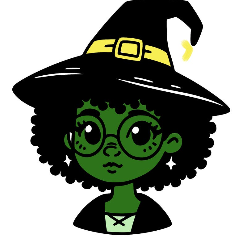 a black person who is a witch and has glasses
