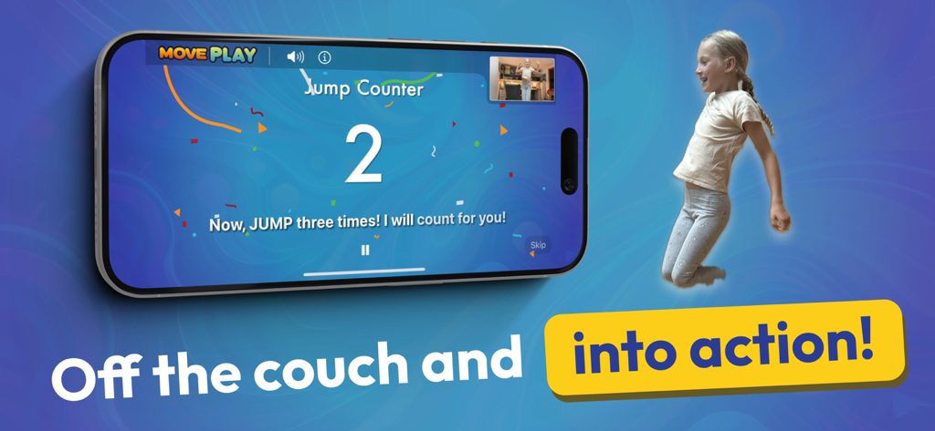 MovePlay Active Games for Kids - A child jumping while playing the MovePlay active motion game on an iPhone