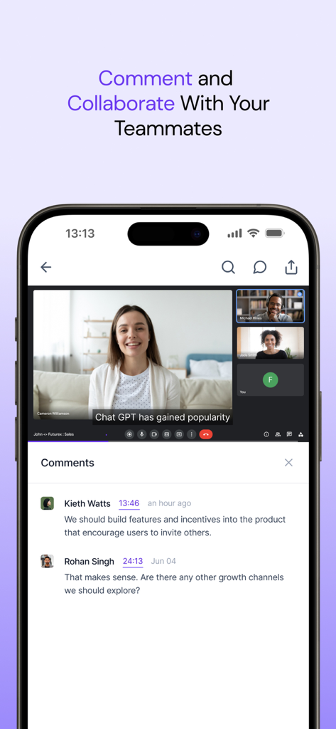 Fireflies: AI notetaker - Mobile app interface of Fireflies AI showing a video meeting recording with time-stamped teammate comments for collaboration.