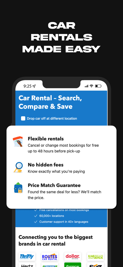 FlightHub - Find Travel Deals - FlightHub app screen showcasing car rental booking features with flexible rentals and no hidden fees.