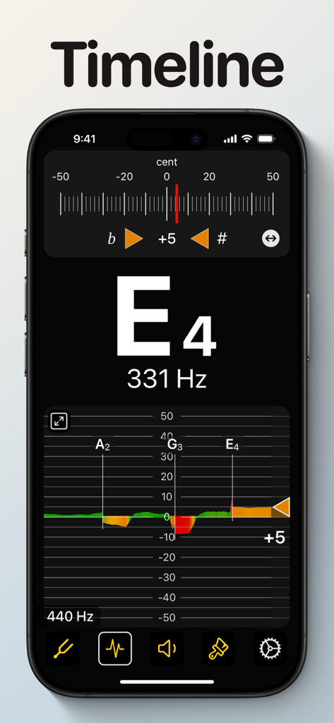 UniTuner Pro - Chromatic Tuner - UniTuner Pro app interface displaying the Timeline feature for pitch visualization of an E4 note