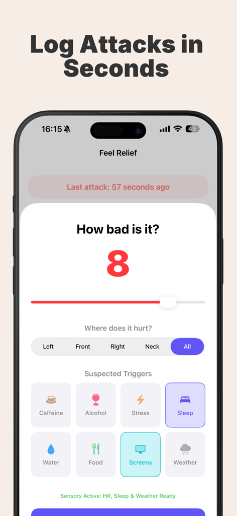 Migraine Tracker: Relief AI - Smartphone screen showing the Migraine Tracker app interface to log an attack with a pain scale of 8 and trigger icons.