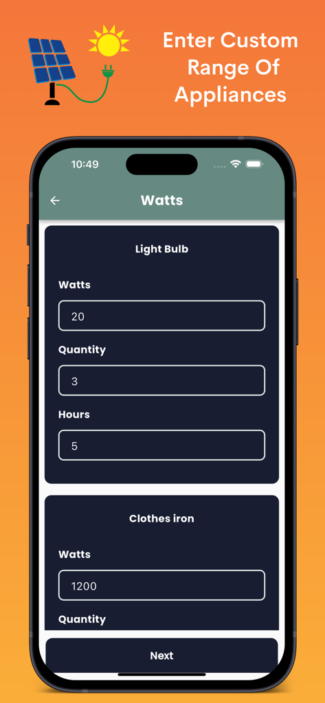 Tela do aplicativo Calculadoras Solares para inserir a potência e o uso dos eletrodomésticos