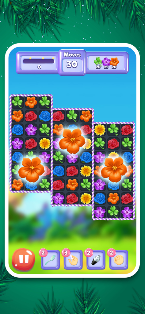 Colorful floral match 3 puzzle level featuring blossom icons and power ups