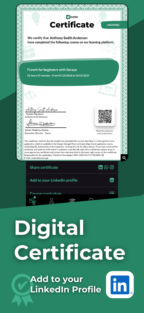 Digital course completion certificate on the Cursa app with a button to add it to a LinkedIn profile