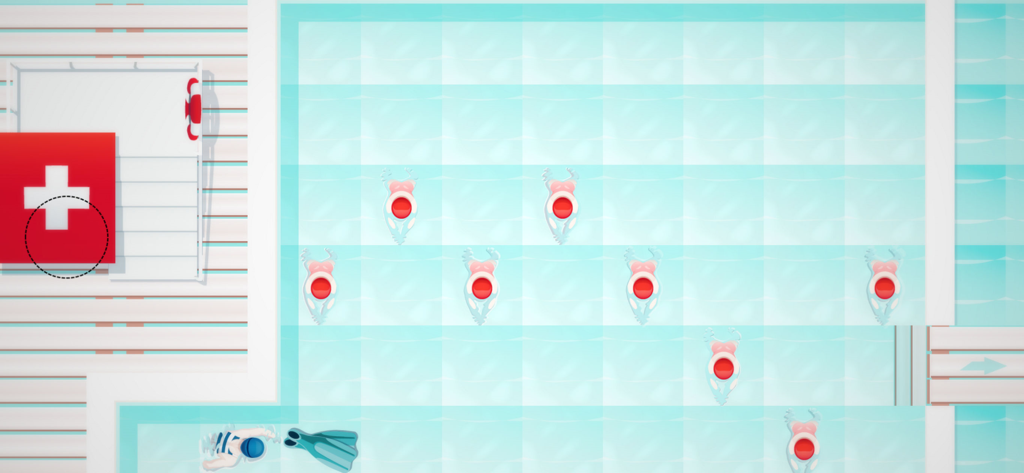 A top down view of a minimalist swimming pool puzzle level with swimmers in red bathing suits