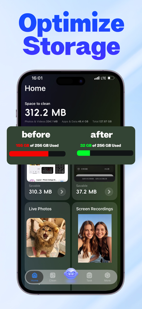 ストレージクリーナーアプリでのiPhoneストレージ容量の実行前と実行後の比較