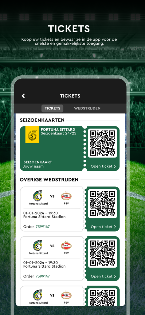 Fortuna Sittard - Interfaz de la aplicación Fortuna Sittard mostrando entradas digitales de temporada y de partido con códigos QR