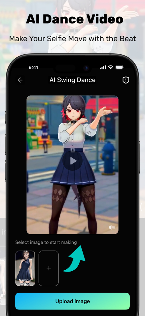 AI Twerking Video -Photo Dance - Smartphone screen displaying the AI Dance Video creation interface with an anime character and an upload image option