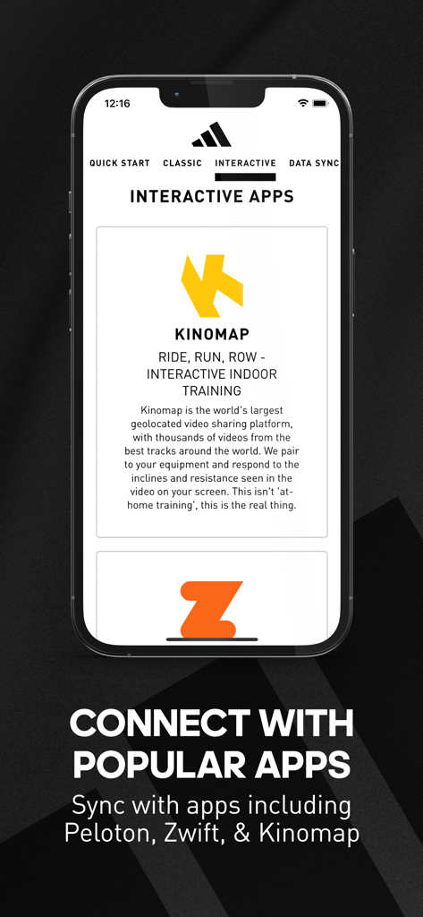 adidas Console+ - Bildschirm der adidas Console plus App, der die interaktive Integration mit Kinomap und Zwift für vernetzte Heimfitness zeigt