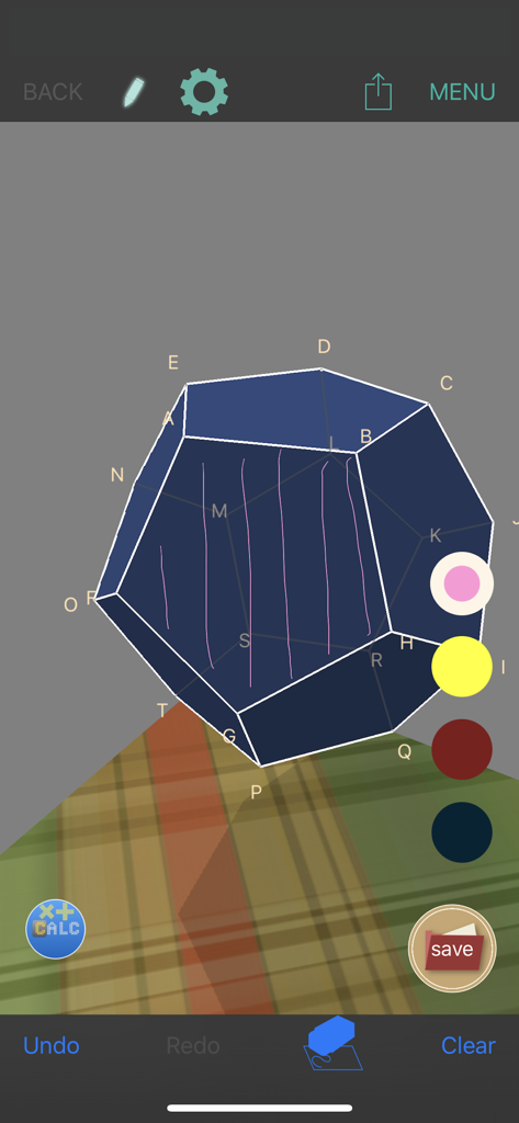 A dodecahedron 3D model with purple handwriting overlays and vertex labels in the Mathematical Playground app interface.