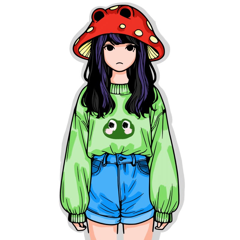 a realistic girl with a frog hat and baggy mushroom shirt