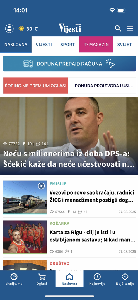 Feed principal do aplicativo de notícias Vijesti mostrando manchetes e categorias em montenegrino