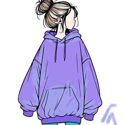 realistic girl with a oversized sweatshirt on and a bun