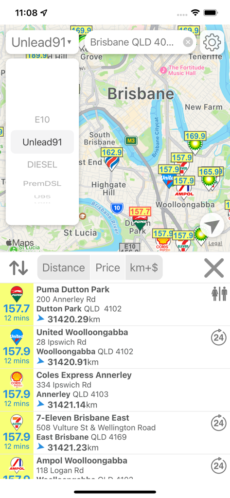 Petrol Spy Australia app map interface displaying real time fuel prices at various petrol stations in Brisbane