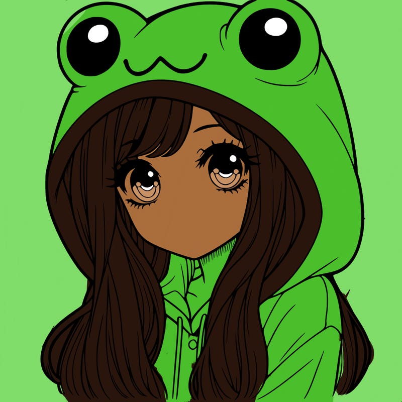 a pretty girl wearing a frog hoodie portrait with long hair