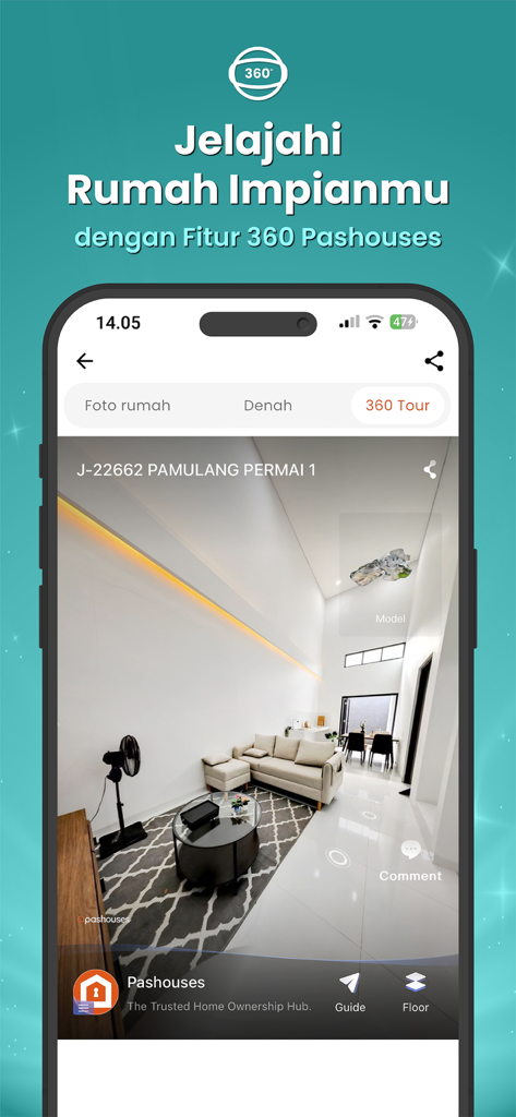 Pashouses: Rumah Siap Huni - Pashouses mobile app showing a 360 degree virtual house tour of a modern living room